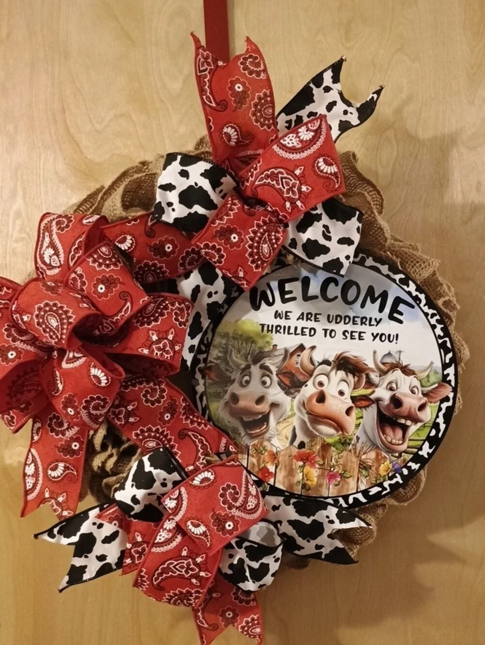 Cow Print & Bandana Welcome Wreath - Red, Black, White